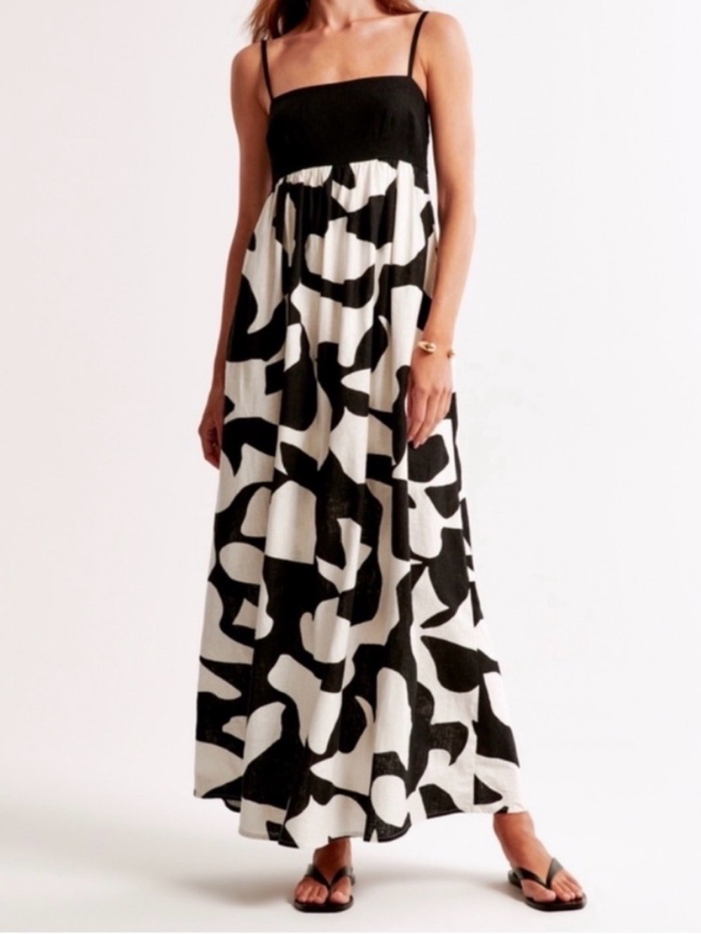 Black & White Abstract Maxi Dress with Spaghetti Straps